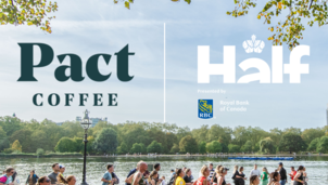 Image of runners infront of Serpentine Lake with the Pact Coffee and Royal Parks Half logos